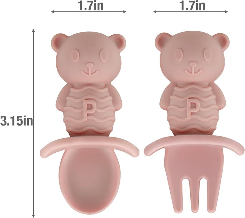PandaEar 6 Pack Baby Led Weaning Spoons Forks 6+ Months | Silicone Baby Spoons and Fork Self Feeding Utensils, Toddler Infant Anti-Choke Feeding Utensils, Bear Shape (Pink Green Linen) - Image 4